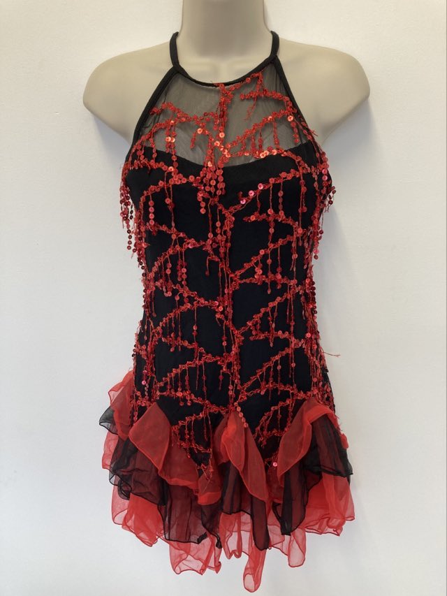 Red And Black Sequin Skirted Leotard With Ruffle Hem Suite 109 