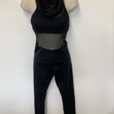 Black catsuit with mesh waist and cowl neck