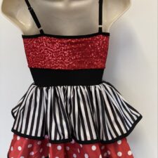 Red sequin, black and white striped skirted leotard