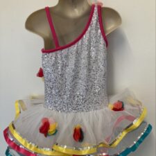 White sequin skirted leotard with chiffon flowers