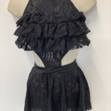 Black lace and ruffle skirted leotard with halter neck