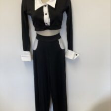 Black and white crop top with collar and cuffs and matching trousers