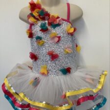 White sequin skirted leotard with chiffon flowers