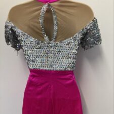 Hot pink flared biketard with silver sequins and nude neckline