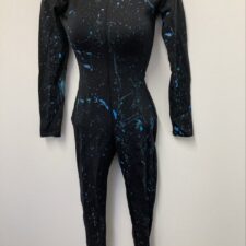 Black catsuit with turquoise spatter paint design