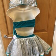 Turquoise velvet crop top and briefs with silver skirt and neck ruffle