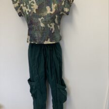 Camouflage sequin print top and green cargo trousers