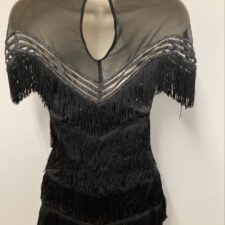 Black fringe skirted leotard with sequins and mesh neckline