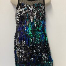 Black and green sequin skirted leotard with fringing