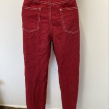 Red cargo trousers with white stitching
