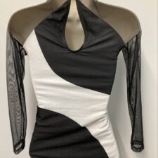 Black and white leotard with mesh sleeves