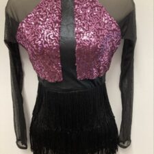 Black mesh and purple sequin fringed skirted leotard with mesh sleeves