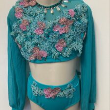 Turquoise long sleeve crop top and briefs embellished with flowers and sequins