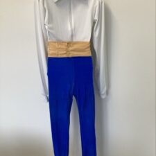Aladdin long sleeve leotard with gold applique. blue velvet leggings and gold sash - Bespoke Measurement Costumes
