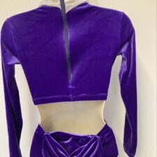 Purple velvet long sleeve crop top with white ruffle insert and briefs