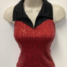 Red sequin top with black collar