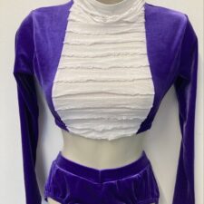 Purple velvet long sleeve crop top with white ruffle insert and briefs