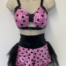 Pink, metallic silver and black spotty crop top and shorts with attached net bustle