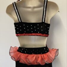 Black, pink and red sequin crop top and velvet bikeshorts with feather embellishment