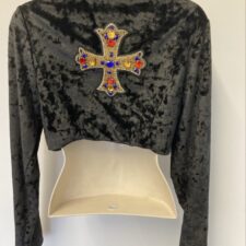 Black velvet jacket with sequin encrusted cross on back