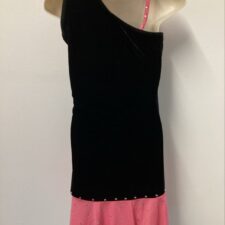 Black velvet and pink dress with angled hem and sequins