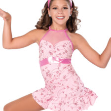 Pink sequin skirted leotard with ruffle hem and mesh neckline