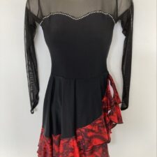 Black and red Spanish style skirted leotard with mesh neckline and sleeves and added diamante
