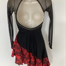 Black and red Spanish style skirted leotard with mesh neckline and sleeves and added diamante