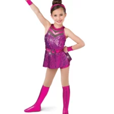 Metallic and sequin hot pink skirted biketard with wrist gloves and headband (bootcovers not included)