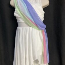 White skirted leotard with rainbow sash
