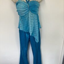 Turquoise metallic trousers and flowy halter  top