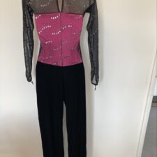 Black velvet all in one with metallic pink bodice and mesh sleeves
