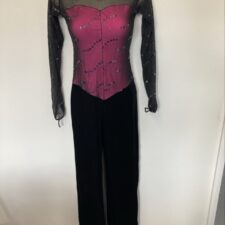 Black velvet all in one with metallic pink bodice and mesh sleeves