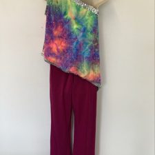 Raspberry trousers and tie dye one shoulder top