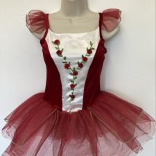 Wine velvet and white satin skirted leotard with roses