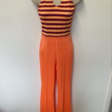 Orange, purple, yellow striped halter bodice with neon orange trousers all-in-one