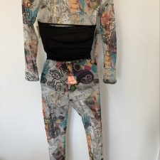 Graffiti print and black long sleeve leotard and sheer trousers