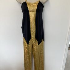 Gold and black top and flared sequin trousers