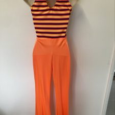 Orange, purple, yellow striped halter bodice with neon orange trousers all-in-one