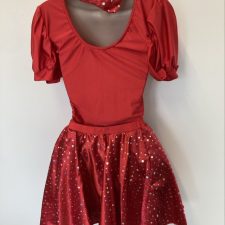 Red leotard with puff sleeves, sparkle tutu skirt and matching neck scarf