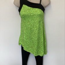 Neon green sequin A-line top and black cropped trousers