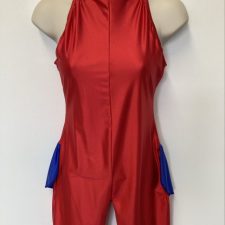 Red lycra halterneck biketard with blue bustle