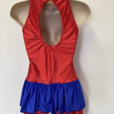 Red lycra halterneck biketard with blue bustle