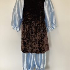 Brown patched velvet dress and pale blue satin pantaloons and headscarf