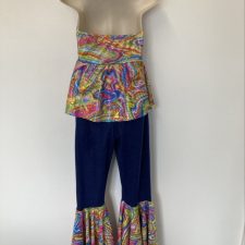 Denim trousers with swirl print hems and matching halter top leotard and arm gloves