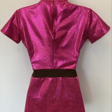 Bright pink metallic short sleeve top with attached brown belt