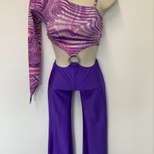 Pink and purple swirl single arm print top and purple trousers all-in-one