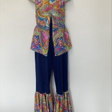 Denim trousers with swirl print hems and matching halter top leotard and arm gloves