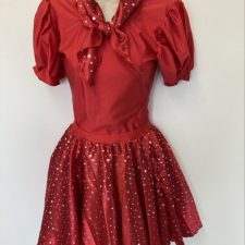 Red leotard with puff sleeves, sparkle tutu skirt and matching neck scarf