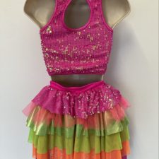 Hot pink sparkle crop top and skirted bustle shorts
